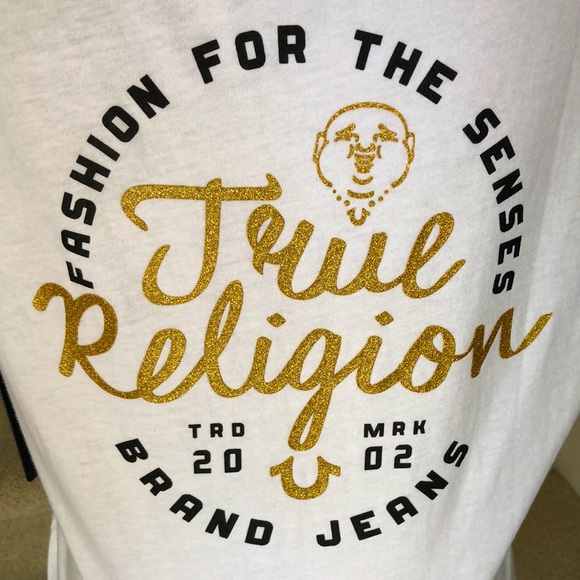 New True Religion Womens short sleeve t shirt. L. Black and shimmer gold writing - Picture 4 of 15